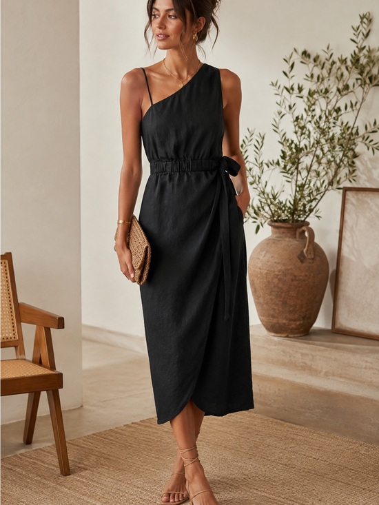 Anthropologie Dresses & Skirts - By Anthropologie One Shoulder Linen Wrap Dress Black 6P Petite Midi